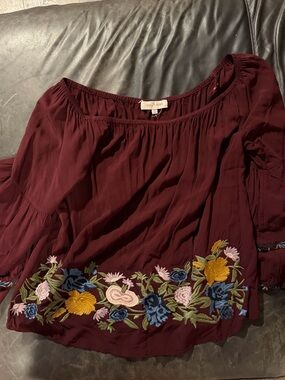 Solitaire Burgundy Off-Shoulder Embroidered Floral Blouse